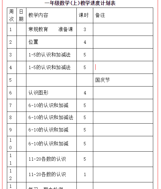 人教版数学1-6年级（上册）教学计划及进度表（免费下载）